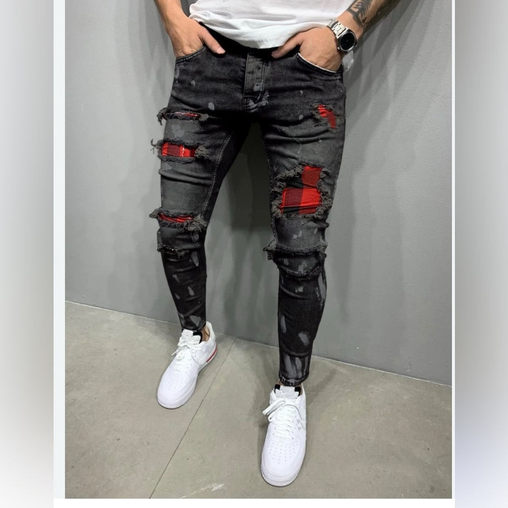 Romwe Skater Paint Spackled Jeans With Red Plaid Patches